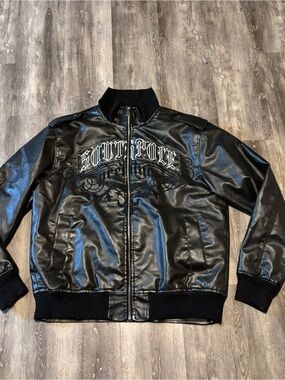 Y2K South Pole Men's Black leather Jacket Embroidered Logo Zip Up Mens XL Grunge